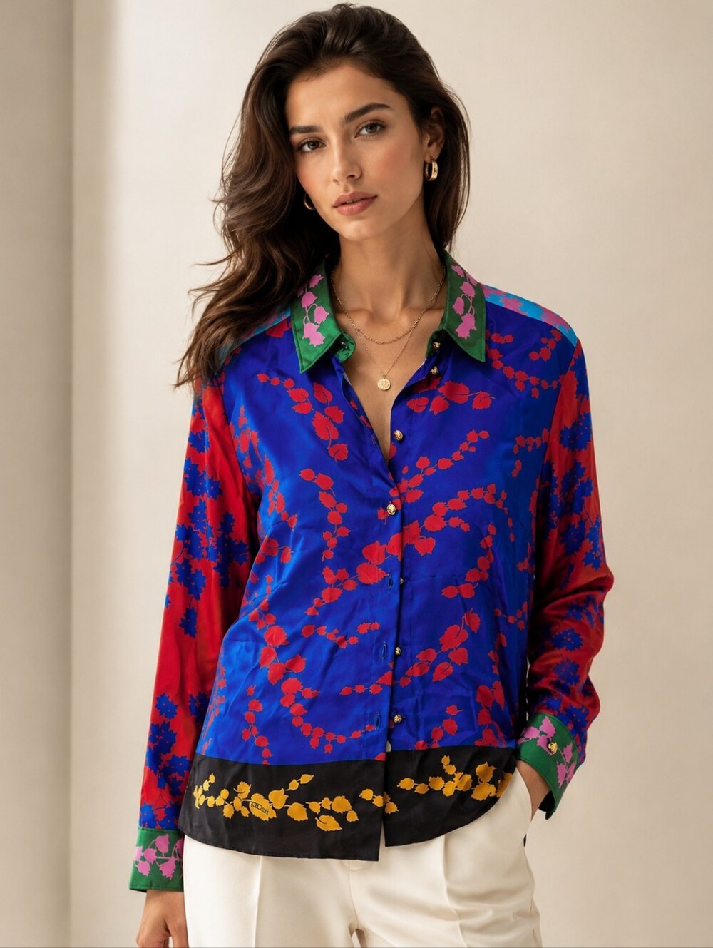 457.Vintage Escada 100% Silk Maximalist Multicolor Floral Button Down Shirt